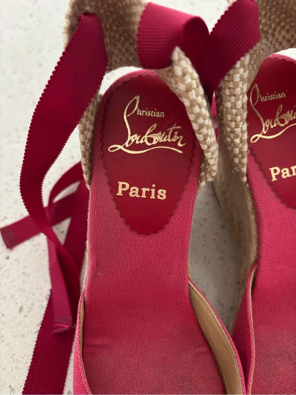 Christian Louboutin Canvas Wedge Espadrilles Fuschia Pink Brigitte Ribbon Ankle